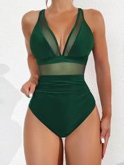 Emoswim - Women Plus Size One Piece Swimsuit V Neck Mesh Sheer Tummy Control Bathing Suit