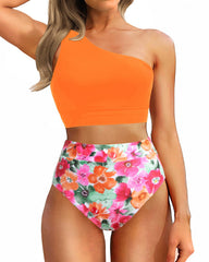 Emoswim - One Shoulder High Waisted Bikini Sets Two Piece Swimsuit Tummy Control-Pink