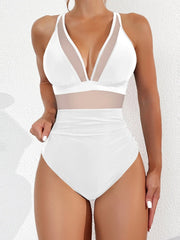 Emoswim - Women Plus Size One Piece Swimsuit V Neck Mesh Sheer Tummy Control Bathing Suit