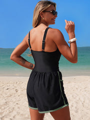 Emoswim - Women's Colorblock Sporty Tummy Control One Piece Bathing Suit with Shorts Pockets