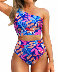 Emoswim - One Shoulder High Waisted Bikini Sets Two Piece Swimsuit Tummy Control-Pink