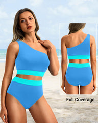 Emoswim - One Shoulder High Waisted Bikini Sets Two Piece Swimsuit Tummy Control-Pink