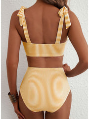 Emoswim - Women's Tie Shoulder Bikini Sets 2 Piece Striped Swimsuits High Waisted Bathing Suits