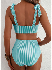 Emoswim - Women's Tie Shoulder Bikini Sets 2 Piece Striped Swimsuits High Waisted Bathing Suits