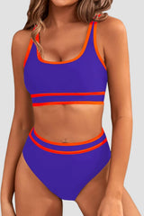 Emoswim - Women's High Waisted Bikini Sets Sporty Two Piece Swimsuits Color Block Cheeky High Cut Bathing Suits