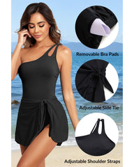 Emoswim - One Shoulder One Piece Swim Dress for Women Tummy Control Swimsuit with Skirt