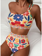 Emoswim - Women's High Waisted Bikini Sets One Shoulder Floral Print Swimsuits 2 piece Tummy Control Bathing Suits