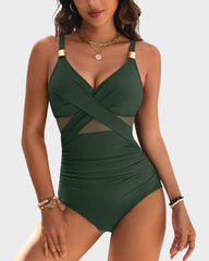 Emoswim - Metallic Accent Mesh Panel One Piece Swimsuit