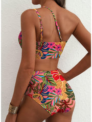 Emoswim - Women's High Waisted Bikini Sets One Shoulder Floral Print Swimsuits 2 piece Tummy Control Bathing Suits