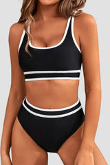 Emoswim - Women's High Waisted Bikini Sets Sporty Two Piece Swimsuits Color Block Cheeky High Cut Bathing Suits
