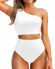 Emoswim - One Shoulder High Waisted Bikini Sets Two Piece Swimsuit Tummy Control-Pink