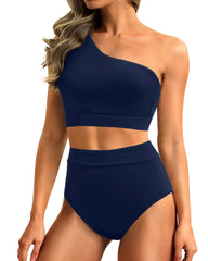 Emoswim - One Shoulder High Waisted Bikini Sets Two Piece Swimsuit Tummy Control-Pink