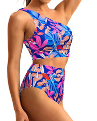 Emoswim - One Shoulder High Waisted Bikini Sets Two Piece Swimsuit Tummy Control-Pink