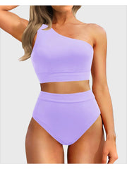 Emoswim - One Shoulder High Waisted Bikini Sets Two Piece Swimsuit Tummy Control-Black
