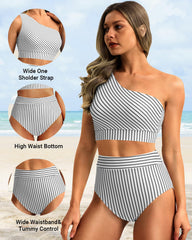 Emoswim - One Shoulder High Waisted Bikini Sets Two Piece Swimsuit Tummy Control-Pink