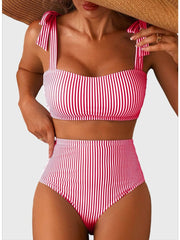 Emoswim - Women's Tie Shoulder Bikini Sets 2 Piece Striped Swimsuits High Waisted Bathing Suits