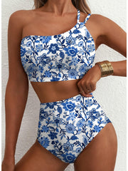 Emoswim - Women's High Waisted Bikini Sets One Shoulder Floral Print Swimsuits 2 piece Tummy Control Bathing Suits