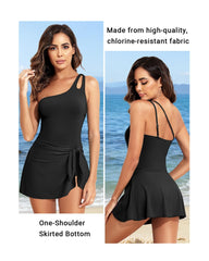 Emoswim - One Shoulder One Piece Swim Dress for Women Tummy Control Swimsuit with Skirt