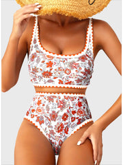 Emoswim - Women's Bikini Sets Floral Print Whip Stitch 2 Piece Swimsuits High Waisted Scoop Bathing Suits