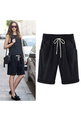 Emoswim - Women's Elastic Waist Knee Length Casual Cotton Bermuda Shorts with Drawstring