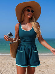 Emoswim - Women's Colorblock Sporty Tummy Control One Piece Bathing Suit with Shorts Pockets