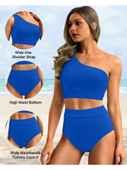 Emoswim - One Shoulder High Waisted Bikini Sets Two Piece Swimsuit Tummy Control-Black