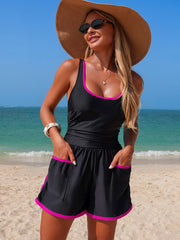 Emoswim - Women's Colorblock Sporty Tummy Control One Piece Bathing Suit with Shorts Pockets