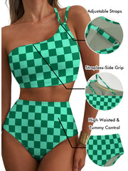 Emoswim - Women's High Waisted Bikini Sets One Shoulder Floral Print Swimsuits 2 piece Tummy Control Bathing Suits