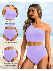 Emoswim - One Shoulder High Waisted Bikini Sets Two Piece Swimsuit Tummy Control-Black