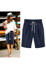 Emoswim - Women's Elastic Waist Knee Length Casual Cotton Bermuda Shorts with Drawstring