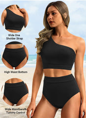 Emoswim - One Shoulder High Waisted Bikini Sets Two Piece Swimsuit Tummy Control-Pink