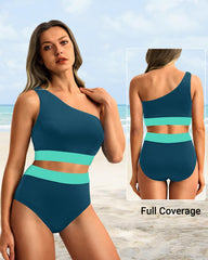 Emoswim - One Shoulder High Waisted Bikini Sets Two Piece Swimsuit Tummy Control-Pink