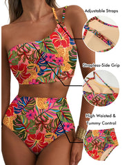 Emoswim - Women's High Waisted Bikini Sets One Shoulder Floral Print Swimsuits 2 piece Tummy Control Bathing Suits