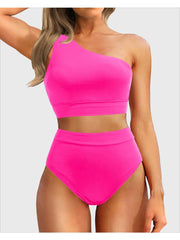Emoswim - One Shoulder High Waisted Bikini Sets Two Piece Swimsuit Tummy Control-Black