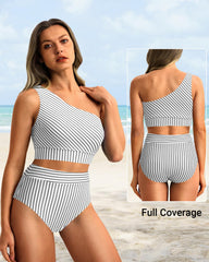 Emoswim - One Shoulder High Waisted Bikini Sets Two Piece Swimsuit Tummy Control-Pink