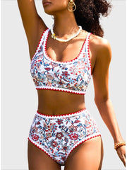 Emoswim - Women's Bikini Sets Floral Print Whip Stitch 2 Piece Swimsuits High Waisted Scoop Bathing Suits