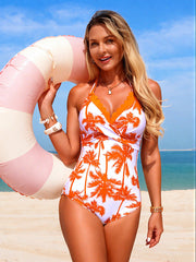 Emoswim - Women's Palm Tree One Piece Swimsuit Tummy Control Tropical V-Neck Halter Style Bathing Suit