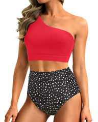 Emoswim - One Shoulder High Waisted Bikini Sets Two Piece Swimsuit Tummy Control-Pink