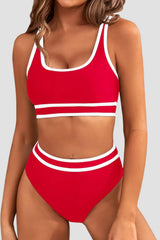 Emoswim - Women's High Waisted Bikini Sets Sporty Two Piece Swimsuits Color Block Cheeky High Cut Bathing Suits