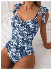 Emoswim - Women's One Piece Swimsuits Tummy Control Bathing Suits V Neck Boho Tie Shoulder Ruched Full