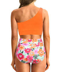 Emoswim - One Shoulder High Waisted Bikini Sets Two Piece Swimsuit Tummy Control-Pink