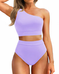 Emoswim - One Shoulder High Waisted Bikini Sets Two Piece Swimsuit Tummy Control-Pink