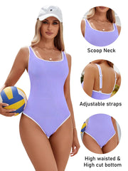 Emoswim - Women's One Piece Swimsuit Sports Adjustable Strap Bathing Suit Color Block Ribbed High Cut Swimsuits