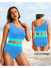 Emoswim - One Shoulder High Waisted Bikini Sets Two Piece Swimsuit Tummy Control-Black