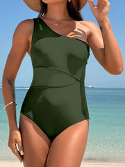Emoswim - Women's One Piece Swimsuits Tummy Control Mesh Patchwork Bathing Suit One Shoulder Adjustable Straps