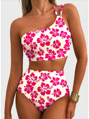 Emoswim - Women's High Waisted Bikini Sets One Shoulder Floral Print Swimsuits 2 piece Tummy Control Bathing Suits
