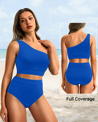 Emoswim - One Shoulder High Waisted Bikini Sets Two Piece Swimsuit Tummy Control-Pink