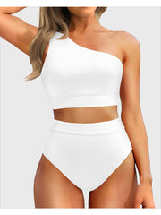 Emoswim - One Shoulder High Waisted Bikini Sets Two Piece Swimsuit Tummy Control-Black