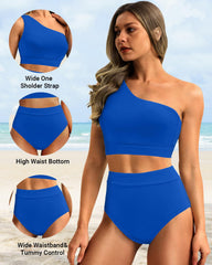Emoswim - One Shoulder High Waisted Bikini Sets Two Piece Swimsuit Tummy Control-Pink