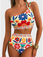 Emoswim - Women's High Waisted Bikini Sets One Shoulder Floral Print Swimsuits 2 piece Tummy Control Bathing Suits